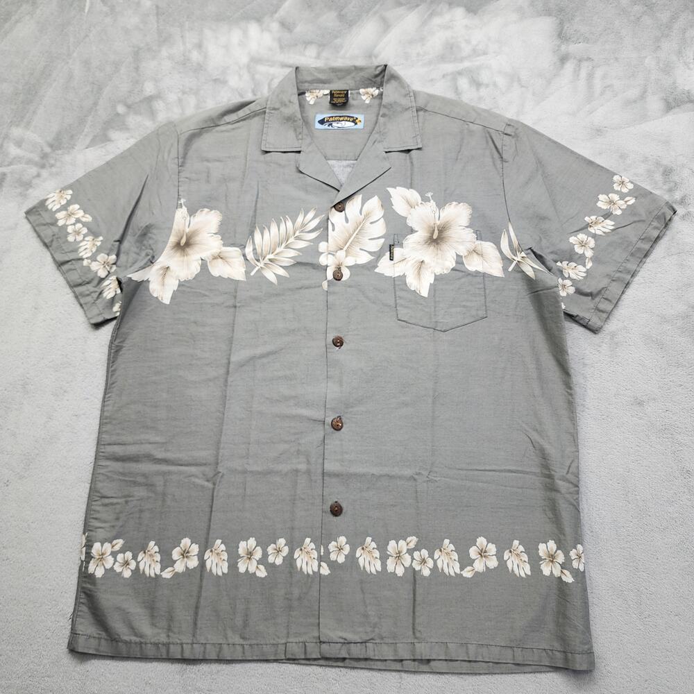 Vintage 90s Palmwave Hawaii Floral Camp Shirt Size XL‎ Gray Tropical Vacation